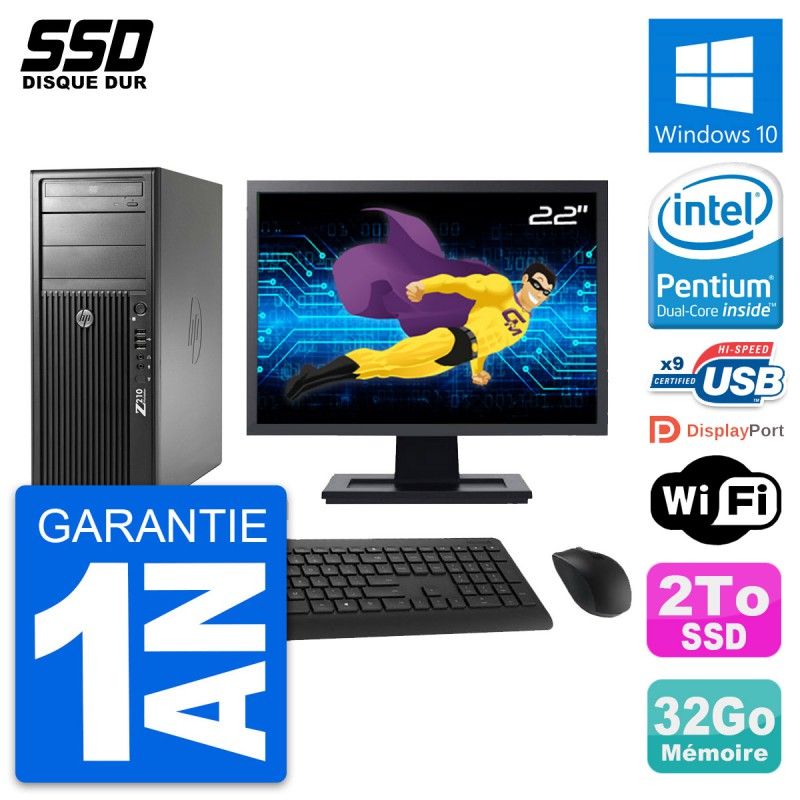 HP Z210 Workstation PC - 22" Screen, Intel Pentium G630, 32GB RAM, 2TB SSD, Windows 10, WiFi