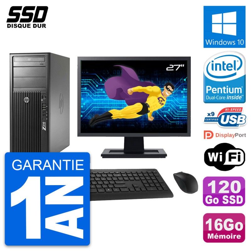 HP Z210 Desktop PC - 27" Screen, Intel Pentium G630, 16GB RAM, 120GB SSD, Windows 10, WiFi