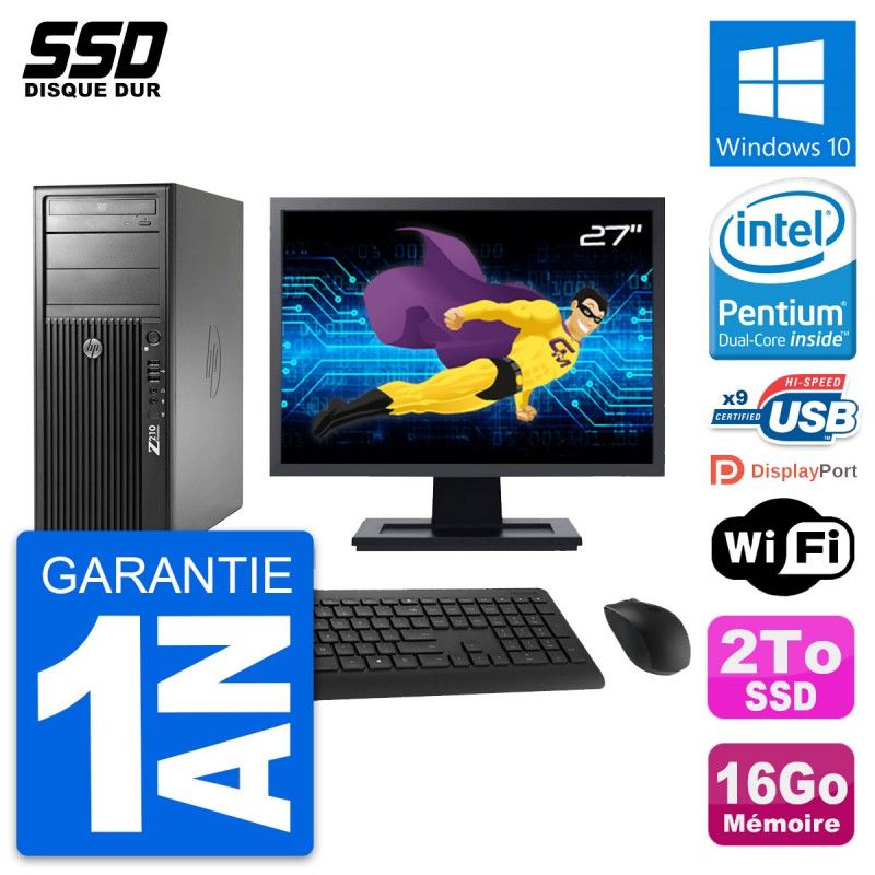 HP Z210 Workstation PC - 27" Screen, Intel Pentium G630, 16GB RAM, 2TB SSD, Windows 10, WiFi