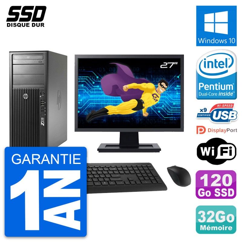 HP Z210 Workstation Computer - 27" Screen, Intel Pentium G630, 32GB RAM, 120GB SSD, Windows 10, WiFi