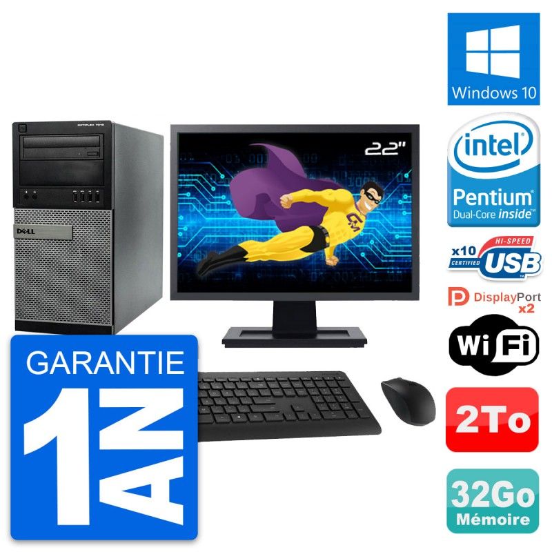 Dell Optiplex 7010 Desktop PC - 22" Screen, Intel Pentium G2020, 32GB RAM, 2TB HDD, Windows 10, WiFi