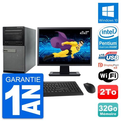 PC de escritorio Dell Optiplex 7010 - Pantalla de 22", Procesador Intel Pentium G2020, 32 GB de RAM, Disco duro de 2 TB, Windows 10, WiFi
