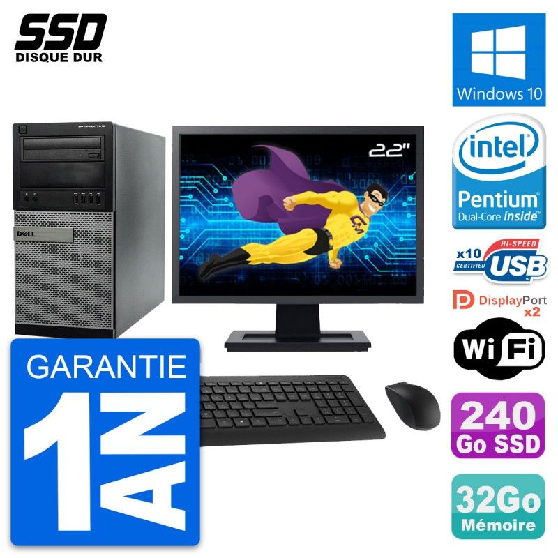 Dell Optiplex 7010 Desktop Computer, 22" Screen, Pentium G2020, 32GB RAM, 240GB SSD, Windows 10, WiFi