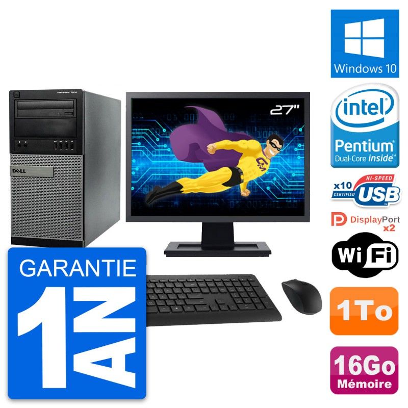 Computadora de escritorio Dell Optiplex 7010 - Pantalla de 27 pulgadas, Procesador Intel Pentium G2020, 16GB de RAM, 1TB HDD, Windows 10, WiFi