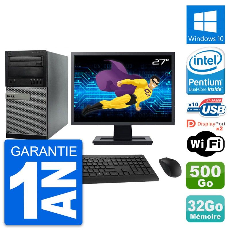 Dell Optiplex 7010 Desktop PC - 27" Screen, Intel G2020, 32GB RAM, 500GB Disk, Windows 10, WiFi