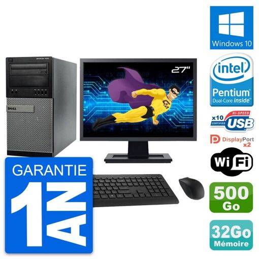 PC de escritorio Dell Optiplex 7010 - Pantalla de 27', Procesador Intel G2020, 32GB de RAM, Disco de 500GB, Windows 10, WiFi