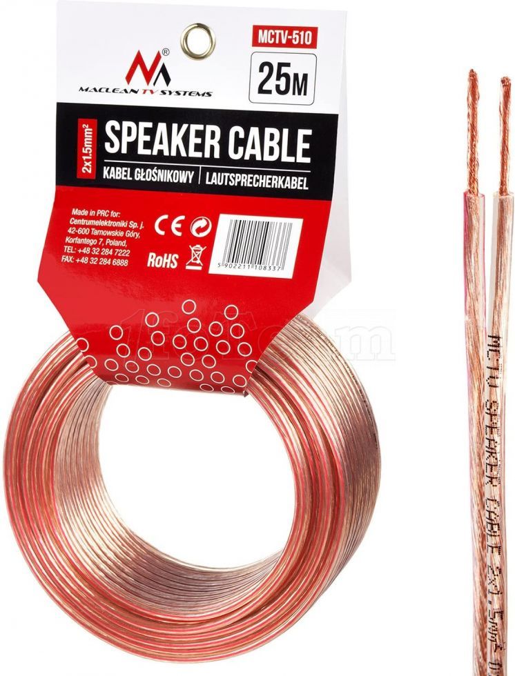 Maclean Energy Speaker Cable Reel, 2x1.5mm², 25m (Transparent)
