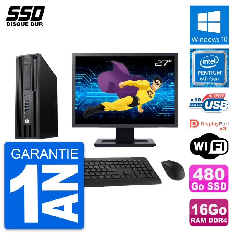 HP WorkStation Z240 SFF Computer - 27" Screen, Intel Pentium G4400, 16GB RAM, 480GB SSD, Windows 10, WiFi