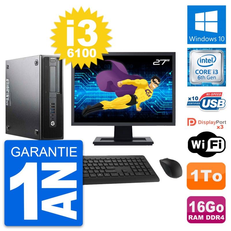 HP Z240 SFF Desktop Computer - 27" Screen, Intel Core i3-6100, 16GB RAM, 1TB Storage, Windows 10, WiFi