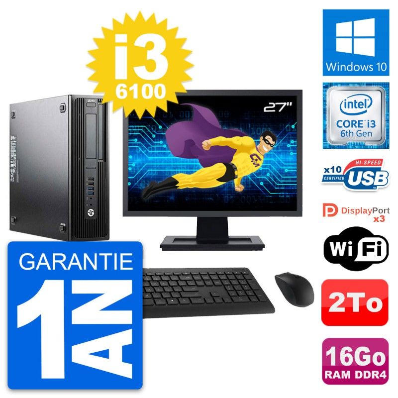 HP Z240 SFF Desktop Computer - 27" Screen, Intel Core i3-6100, 16GB RAM, 2TB Storage, Windows 10, WiFi