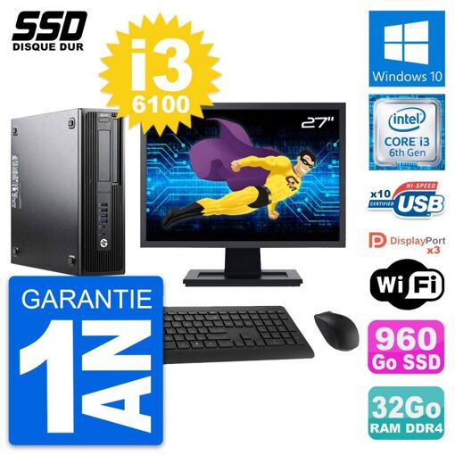 Estación de trabajo HP Z240 SFF - Pantalla de 27", Intel Core i3-6100, 32 GB RAM, 960 GB SSD, Windows 10, Wifi