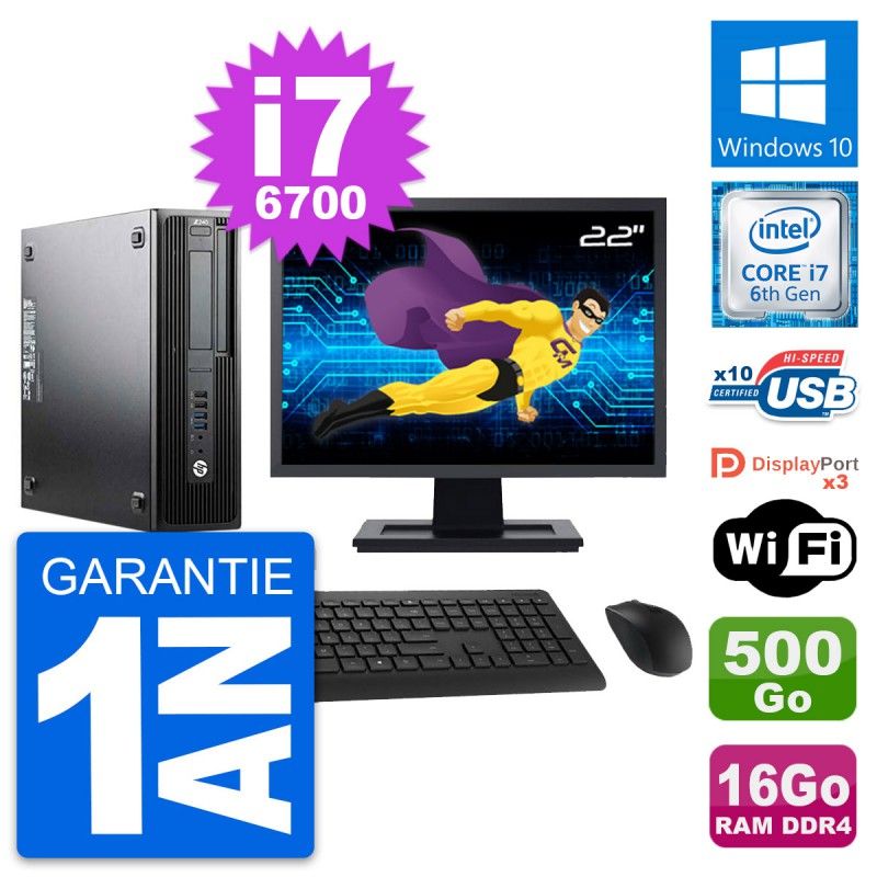 Ordinateur de bureau HP Z240 SFF - Écran 22'', Intel i7-6700, 16 Go de RAM, Disque dur 500 Go, Windows 10, Wi-Fi