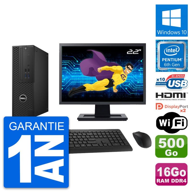 Ordinateur de bureau Dell T3420 SFF - Écran 22'', Processeur Intel Pentium G4400, 16 Go RAM, 500 Go SSD, HDMI, Wi-Fi