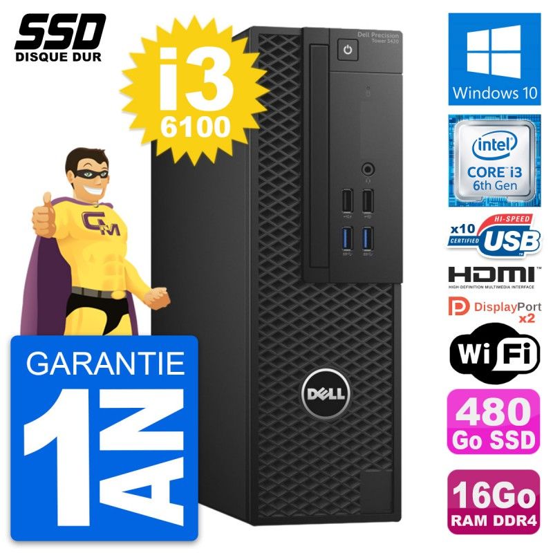Dell Precision T3420 SFF Computer - Core i3-6100, 16GB RAM, 480GB SSD, HDMI, Windows 10, WiFi