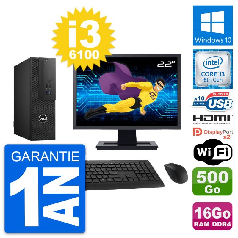 Dell T3420 SFF Desktop Computer - 22" Screen, i3-6100, 16GB RAM, 500GB HDD, HDMI, WiFi