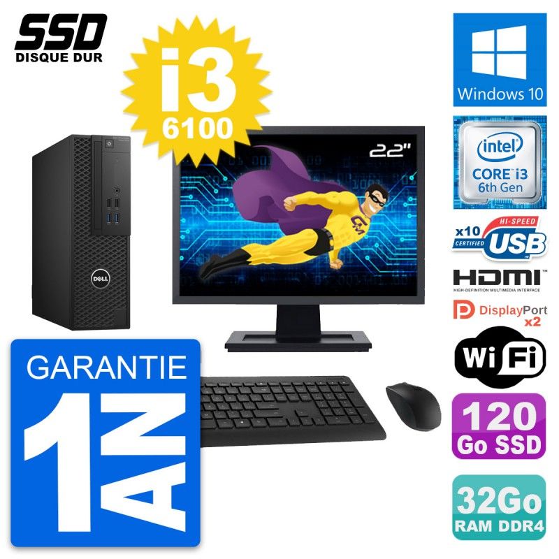 Dell T3420 SFF Computer - 22" Screen, Core i3-6100, 32GB RAM, 120GB SSD, HDMI, Wi-Fi, Windows 10
