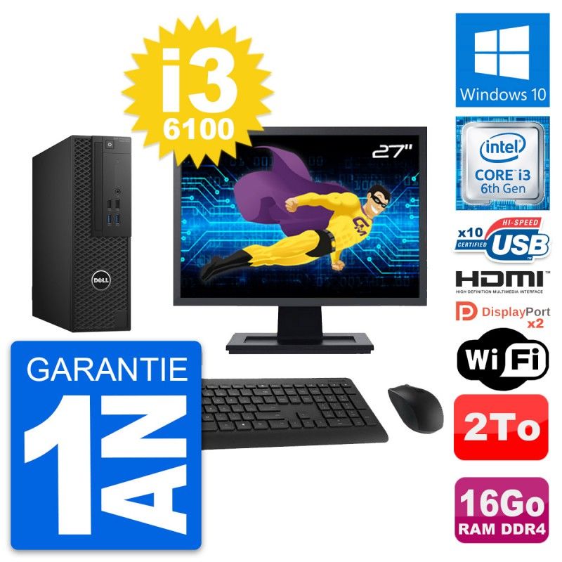 Ordinateur de bureau Dell T3420 SFF - Écran 27'', i3-6100, 16 Go RAM, 2 To Stockage, HDMI, Wifi