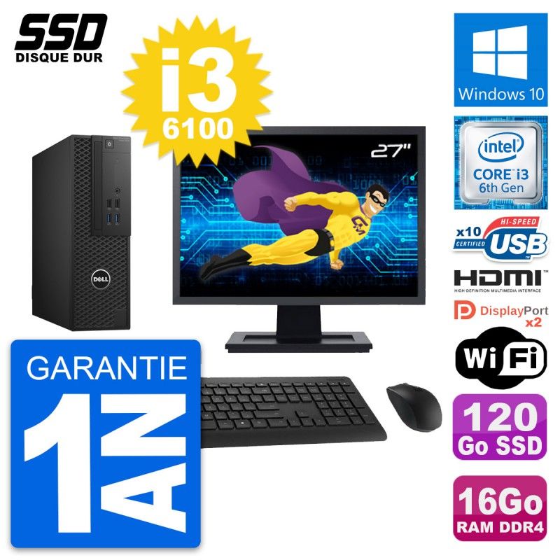 Dell T3420 SFF Desktop Computer - 27" Screen, Core i3-6100, 16GB RAM, 120GB SSD, HDMI, WiFi