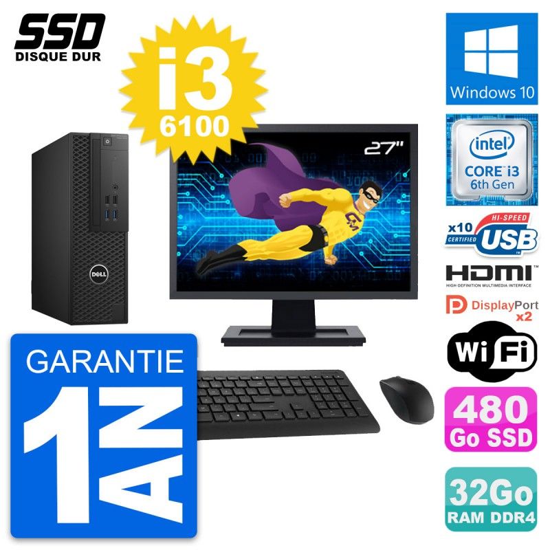 Dell T3420 SFF Desktop - 27" Screen, Core i3-6100, 32GB RAM, 480GB SSD, HDMI, WiFi, Windows 10