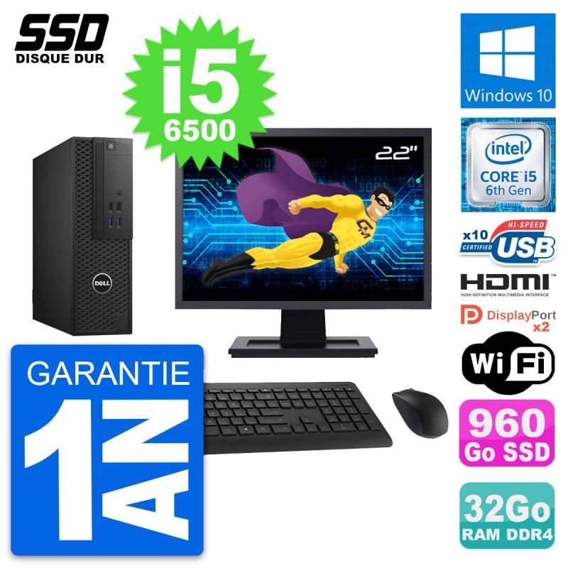 Dell T3420 SFF Desktop - 22" Screen, Core i5-6500, 32GB RAM, 960GB SSD, HDMI, WiFi