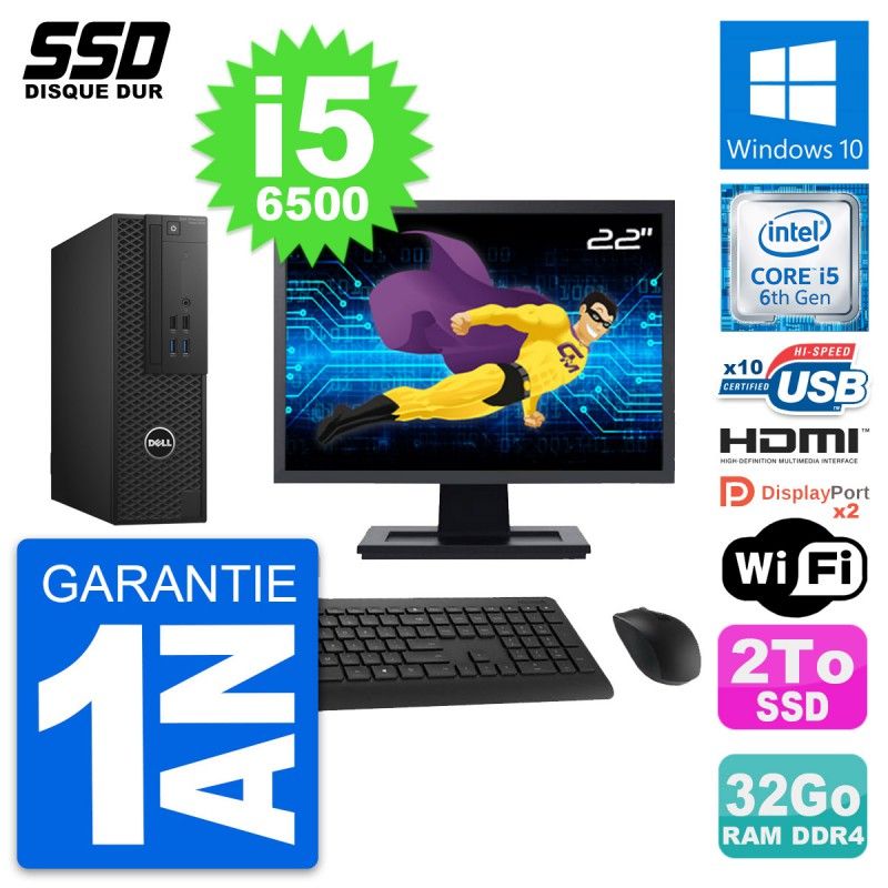 Dell T3420 SFF Desktop Computer - 22" Screen, Core i5-6500, 32GB RAM, 2TB SSD, HDMI, WiFi, Windows 10