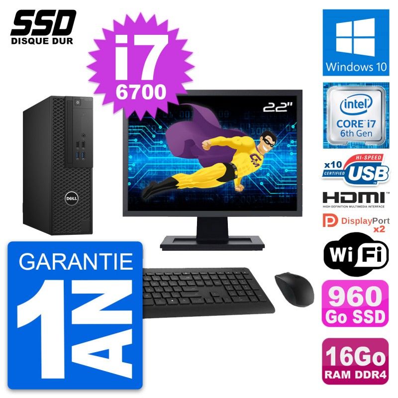 Dell T3420 SFF Desktop Computer - 22" Screen, Core i7-6700, 16GB RAM, 960GB SSD, HDMI, WiFi