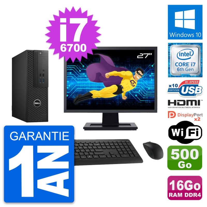 Dell T3420 SFF Computer - 27" Screen, i7-6700, 16GB RAM, 500GB Disk, HDMI, WiFi