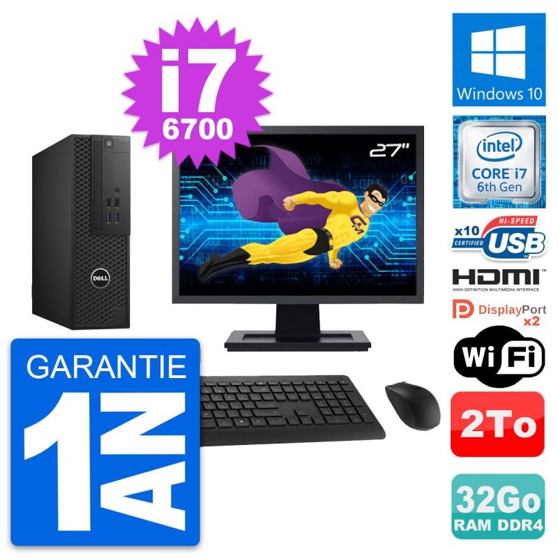Dell T3420 SFF Computer - 27" Screen, i7-6700, 32GB RAM, 2TB HDD, HDMI, WiFi