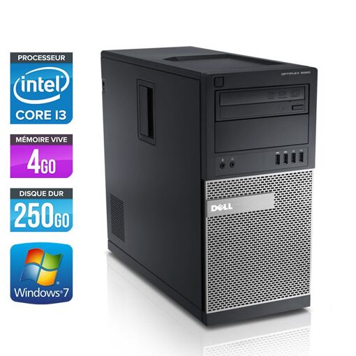 Tour Dell Optiplex 790 - Processeur Intel Core i3-2120 / 3,30 GHz - 4 Go de RAM - Disque dur 250 Go - Lecteur DVDRW - Ethernet Gigabit - Windows 7 Professionnel
