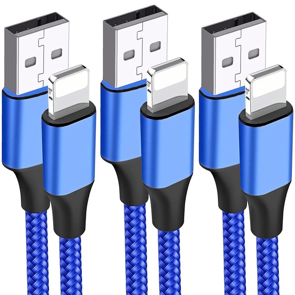 E.F.Connection 3-Pack Quick Charge 3A USB Cable for iPhone 14 Series and Older, 1M Blue Nylon Braided - Lightning to USB