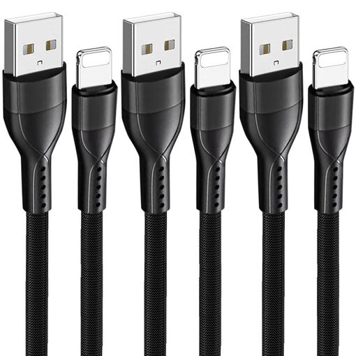 E.F.Connection 3x Fast USB Cable 3A, Nylon Braided - Black - 1M (for iPhone 14 & Older)