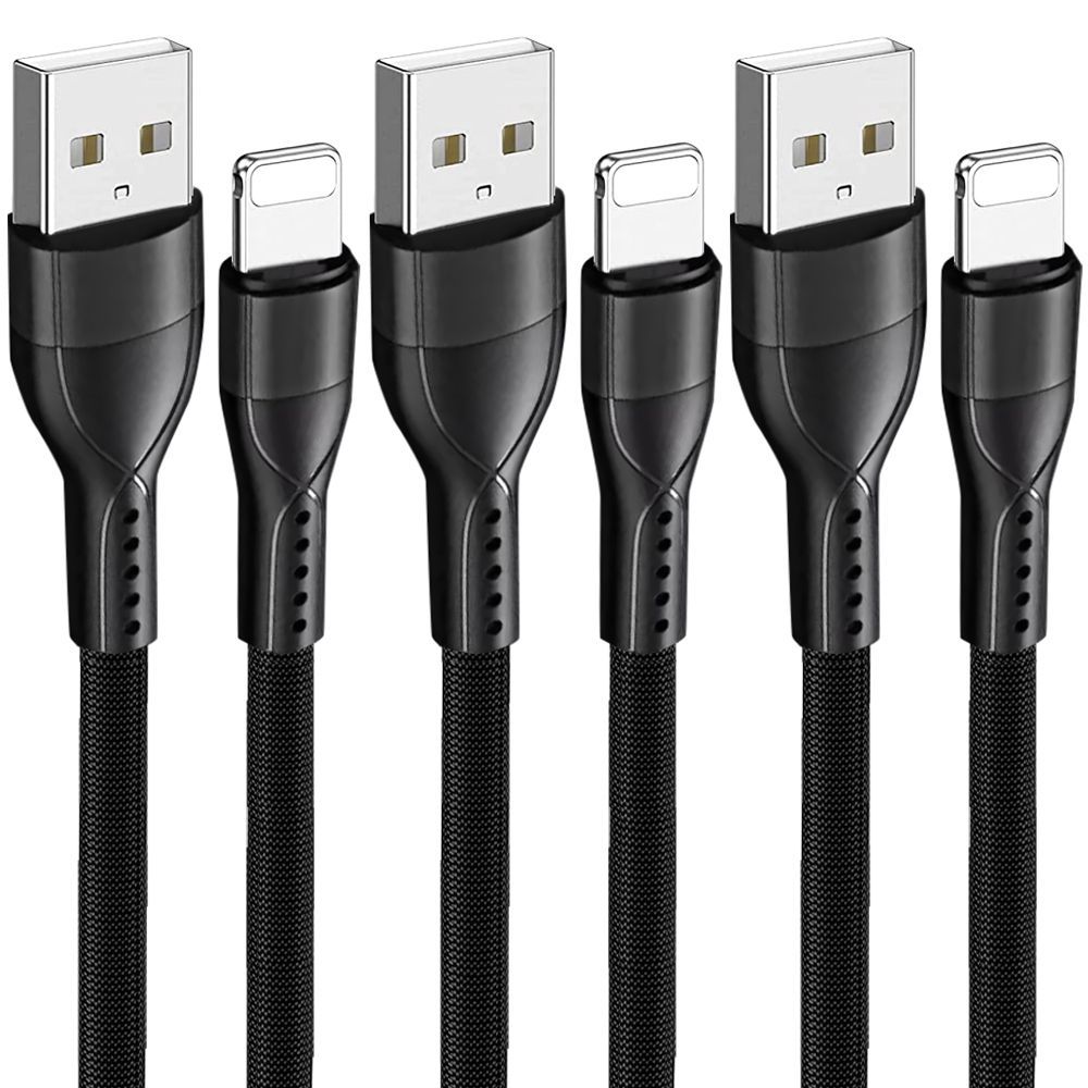 E.F.Connection 3x Fast USB Cable 3A, Nylon Braided - Black - 1M (for iPhone 14 & Older)