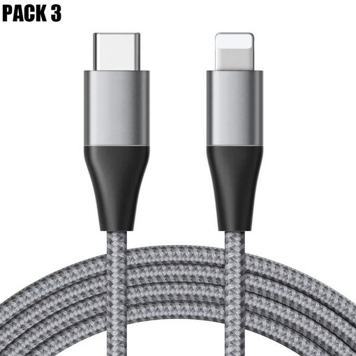 Paquete de 3 Cables USB-C a Lightning de Carga Rápida 3A - Cable de Nylon Trenzado Gris 1M para iPhone 14 Pro Max, 14 Plus, 13 Pro Max