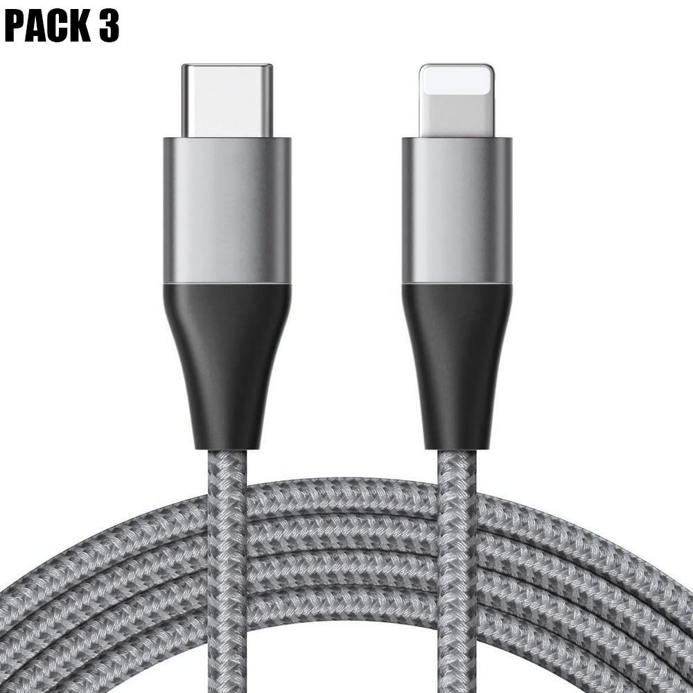 E.F.Connection USB-C to Lightning Fast Charge 3A Cables (3 Pack) - Gray Nylon Braided 1M for iPhone 14 Pro Max, 14 Plus, 13 Pro Max