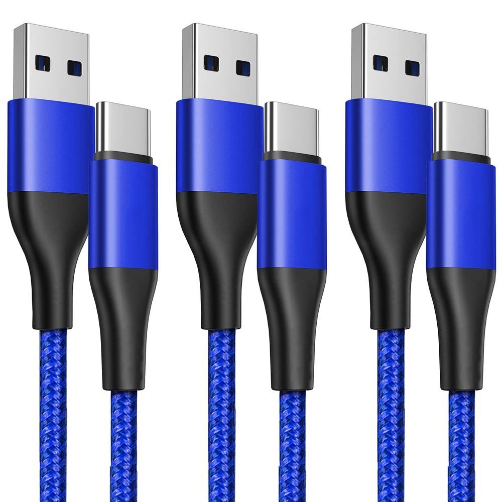 E.F.Connection 3-Pack Quick Charge 3A USB-C Cable - Nylon Braided 1M Blue