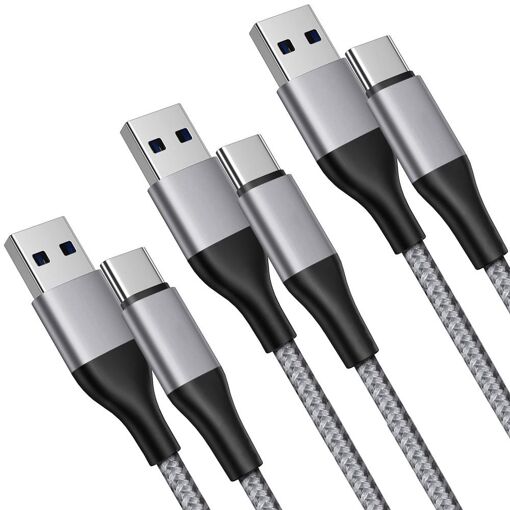 E.F.Connection 3-Pack Fast USB-C Cable for Samsung Galaxy S23 Series - 1M Gray Braided Nylon