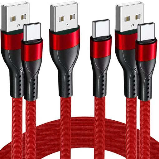 3x USB-C to USB Cable - 3A Fast Charge for Samsung Galaxy A Series - Robust Nylon 1M Red - E.F.Connection