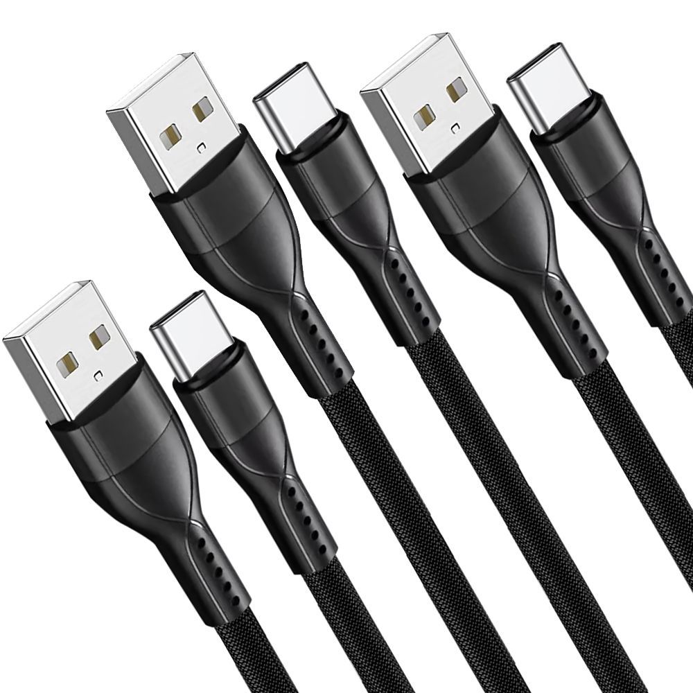 E.F.Connection 3x Nylon Braided USB-C to USB-A Cable 3A for Samsung Galaxy M Series - Black
