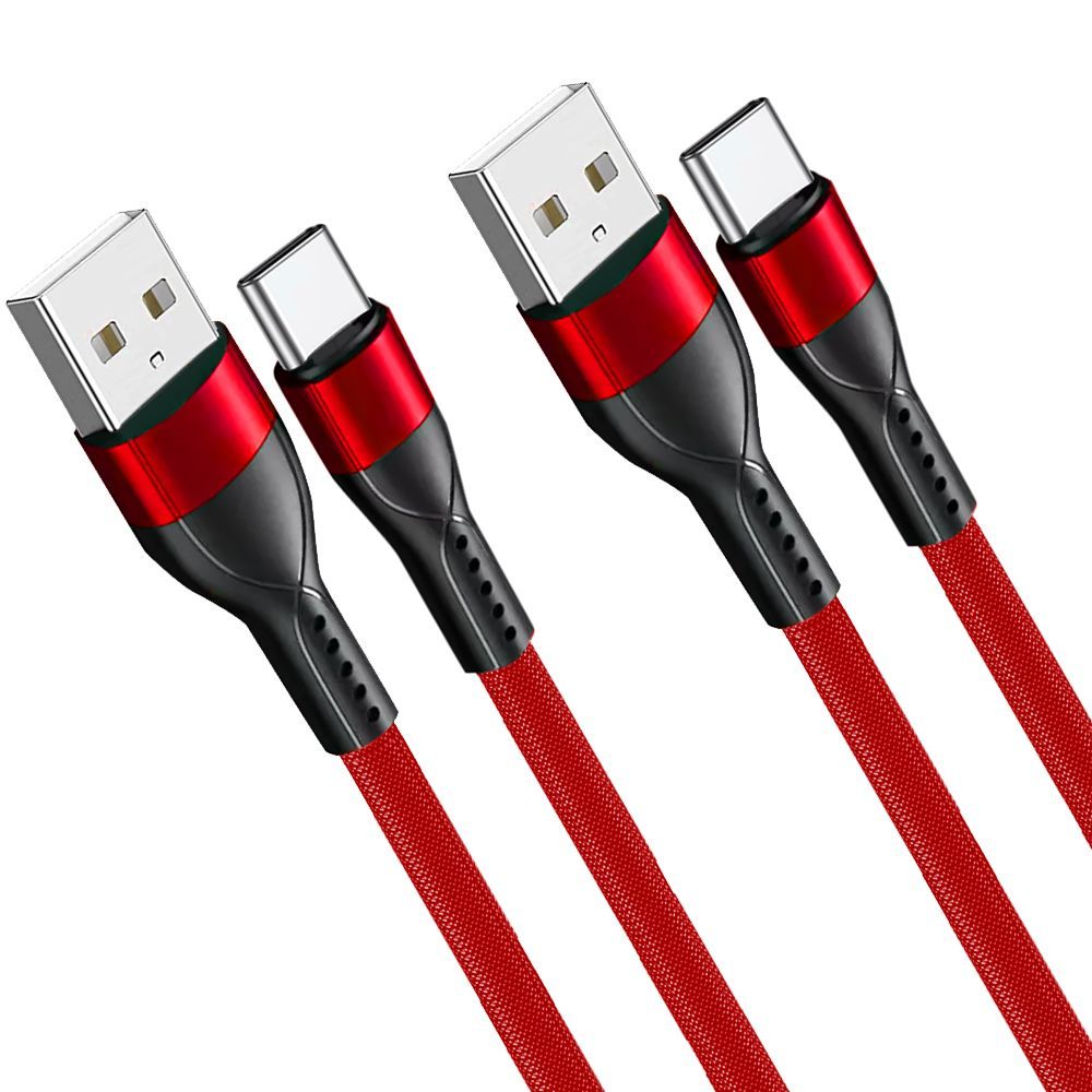 E.F.Connection USB-C 1M Rapid Charge 3A Cables (2 Pack) for Samsung Galaxy M Series - Red Nylon Braided