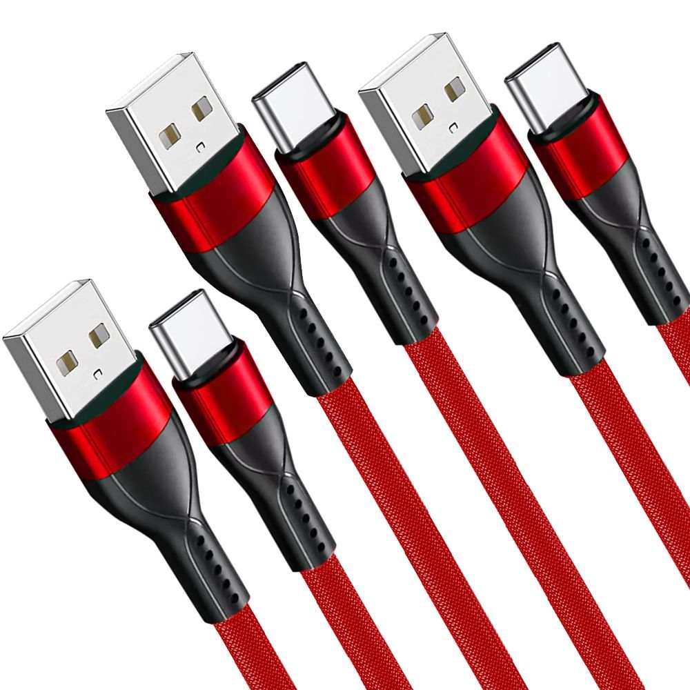 Conjunto de 3 Cables USB-C a USB de Carga Rápida 3A para Samsung Galaxy M13, M23 5G, M32, M33 M52 5G - Nylon Resistente Rojo 1M