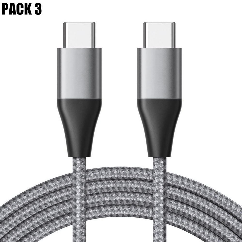 E.F.Connection 3-Pack USB-C to USB-C Rapid Charge 3A Cable - Gray Nylon Braided 1M