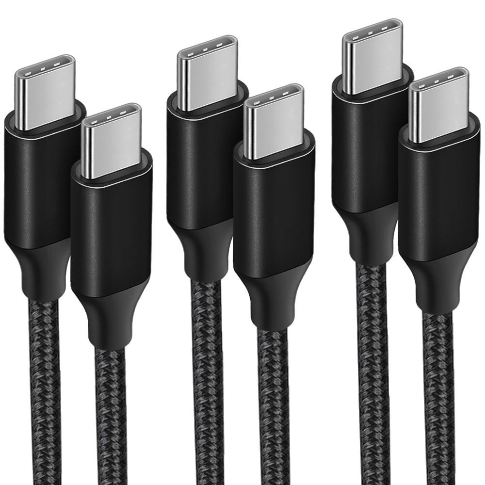 E.F.Connection 3x USB-C to USB-C Quick Charge 3A Cables - Black Nylon Braided 1M for Samsung Galaxy A Series