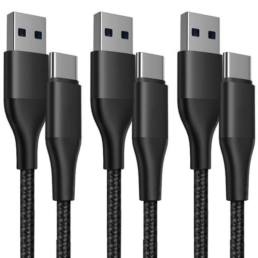 Lot de 3 câbles USB-C rapides 3A E.F.Connection pour Xiaomi Redmi 9, 9A, 9C, 9T, 10A, 10C, 11A - 1 mètre Noir Nylon Tressé