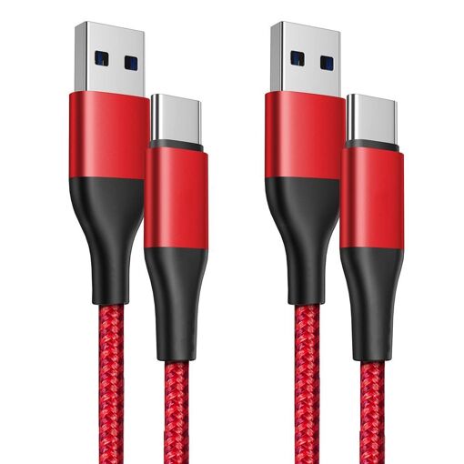 2x USB-C to USB-A 3A Fast Charge Cables for Xiaomi Redmi 9/9A/9C/9T/10A/10C/11A - Reinforced Nylon Braided 1M Red