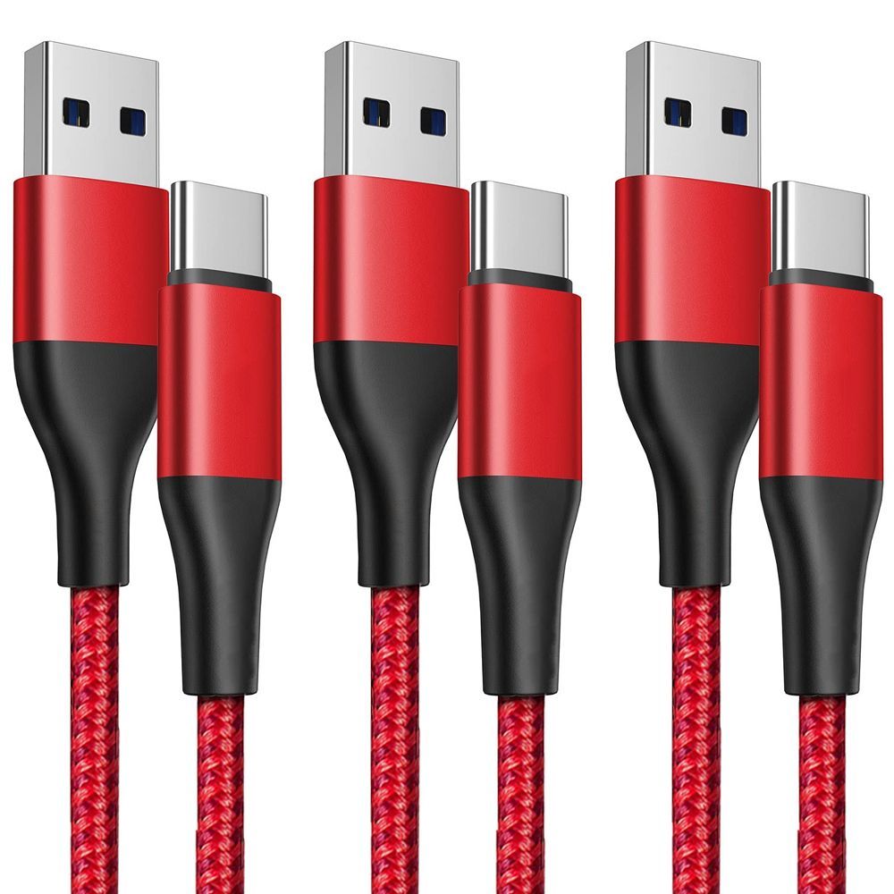 Kit de 3 cables USB-C a USB-A de nylon para Xiaomi Redmi 9, 10A, 10C, 11A - 1 metro rojo