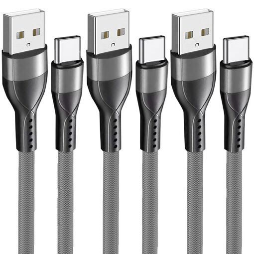 EF Connection 3x USB-C to USB-A 3A Nylon Fast Charge Cable for Xiaomi Redmi 10A, 10C, 11A, Redmi 9, 9A, 9C, 9T - 1M Gray