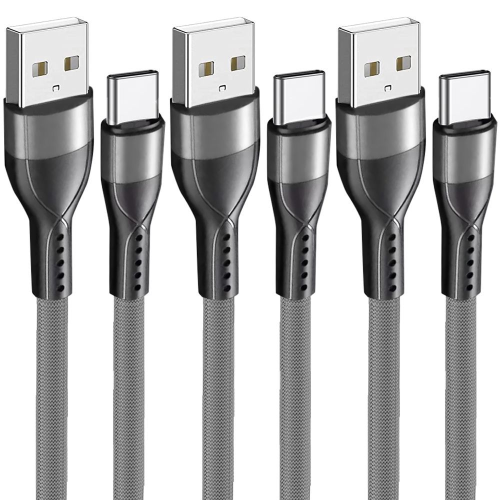 Câble de charge rapide EF Connection en nylon 3x USB-C vers USB-A 3A pour Xiaomi Redmi 10A, 10C, 11A, Redmi 9, 9A, 9C, 9T - 1M Gris