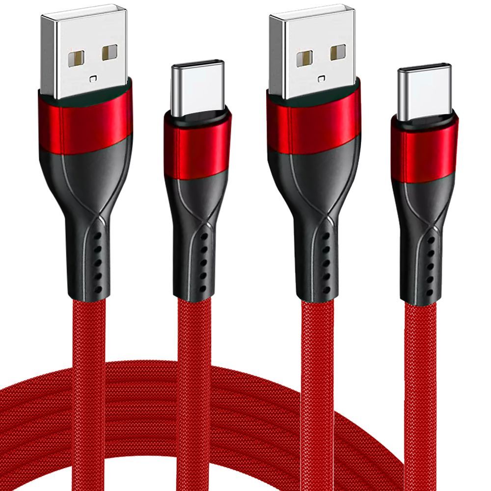 E.F.Connection USB-C 1M Quick Charge 3A Cables (2 Pack) - Red Braided Nylon for OPPO Find X3, X5 Pro, Reno 8 Series