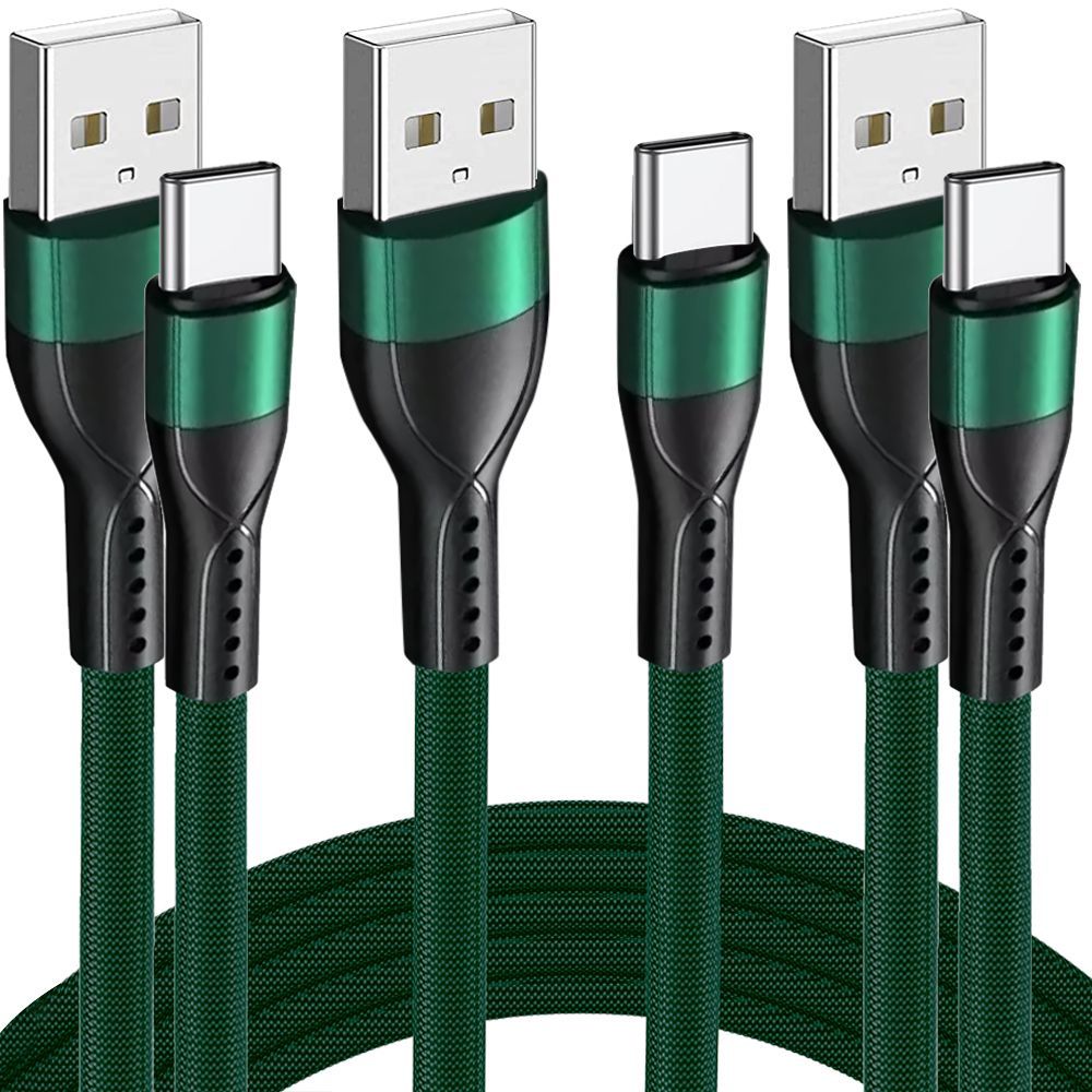 E.F.Connection 3-Pack USB-C to USB-A 1M Fast Charge Cable 3A - Green Braided Nylon for OPPO Find X3/X5, Reno 8 Series
