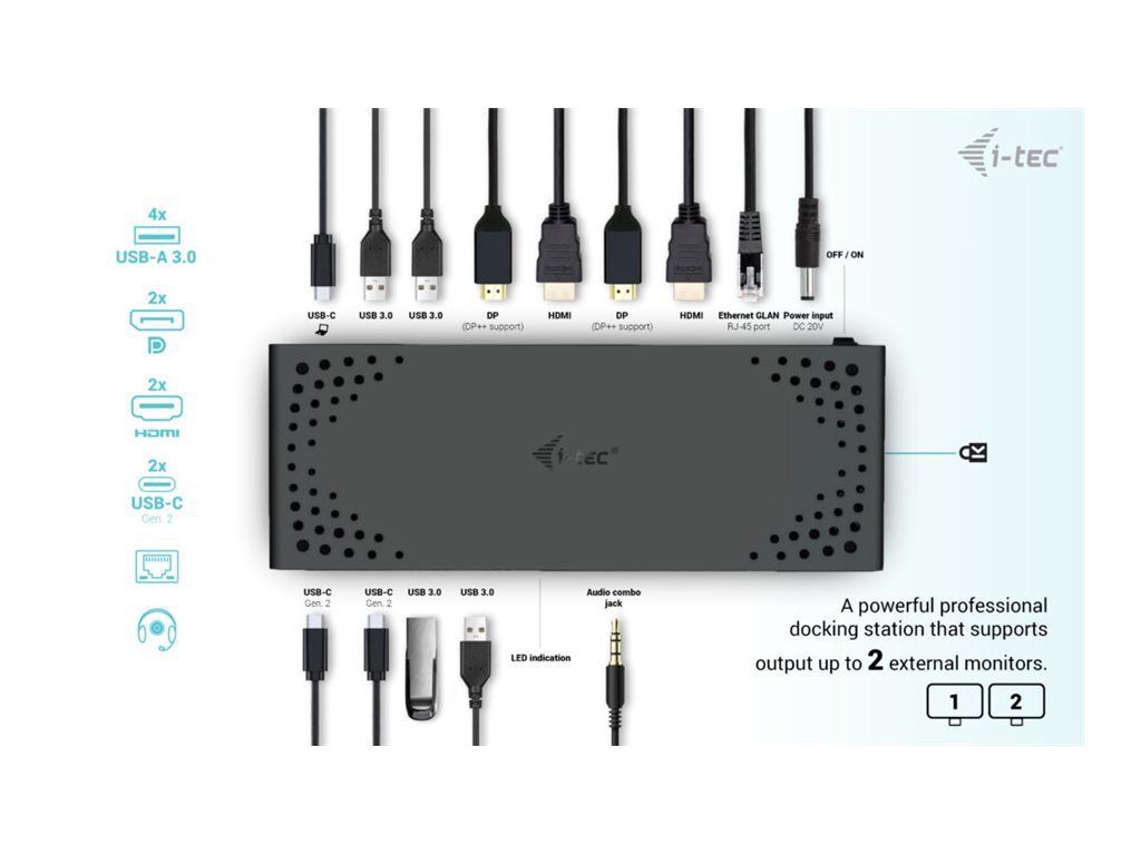 i-Tec Docking Station - USB-C, USB 3.0, Thunderbolt 3/4 - 2 HDMI, 2 DP++, 1GbE, 130W